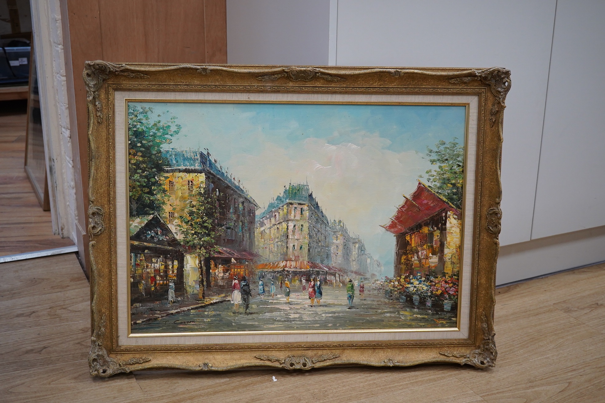 T Casson (20th. C), Impressionist oil on board, Parisian street scene with figures, signed, 48 x 71cm, ornate gilt frame. Condition - good, would benefit from a clean